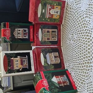 7 VINTAGE HALLMARK KEEPSAKE ORNAMENTS, "NOSTALGIC HOUSES & SHOPS COLLECTION